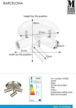 Barcelona taklampe stål 3 spotter - Stål