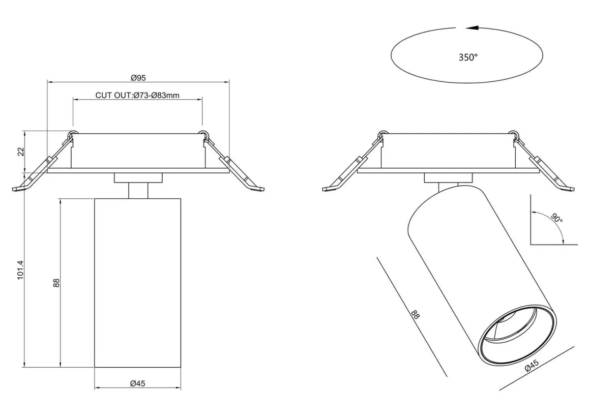 D45 spot 7W 2700K RA90 Dimbar for innfelling