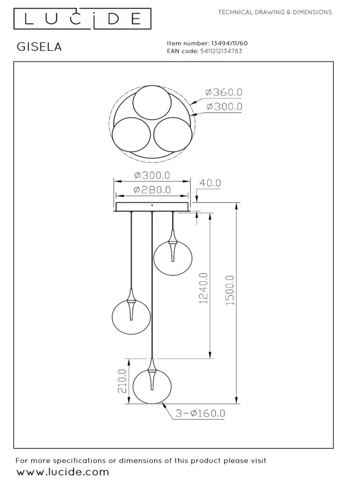Gisela takpendel 36 cm 3 x 4,3W 2700 Kelvin - Dimbar