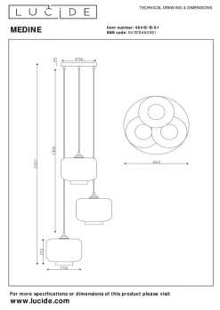 Medine rondell takpendel 3-lys - Svart/Opal hvit