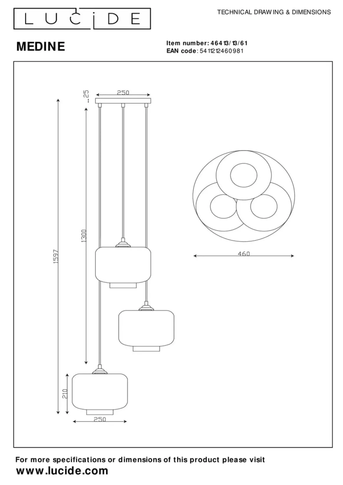 Medine rondell takpendel 3-lys - Svart/Opal hvit