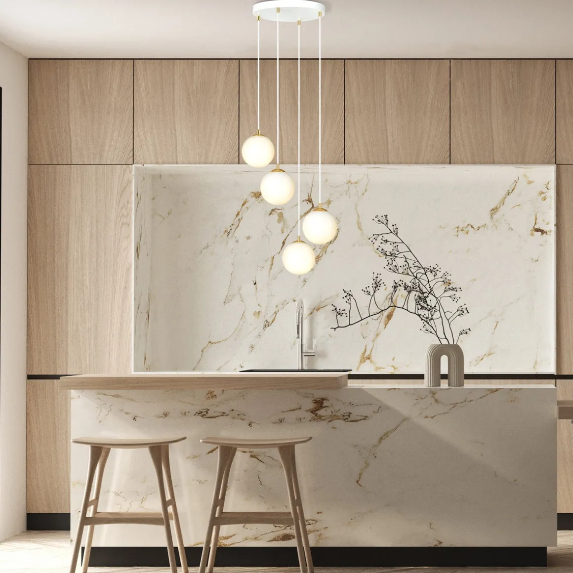 Royal takpendel 4-lys - Hvit/Opal/Gullfarget