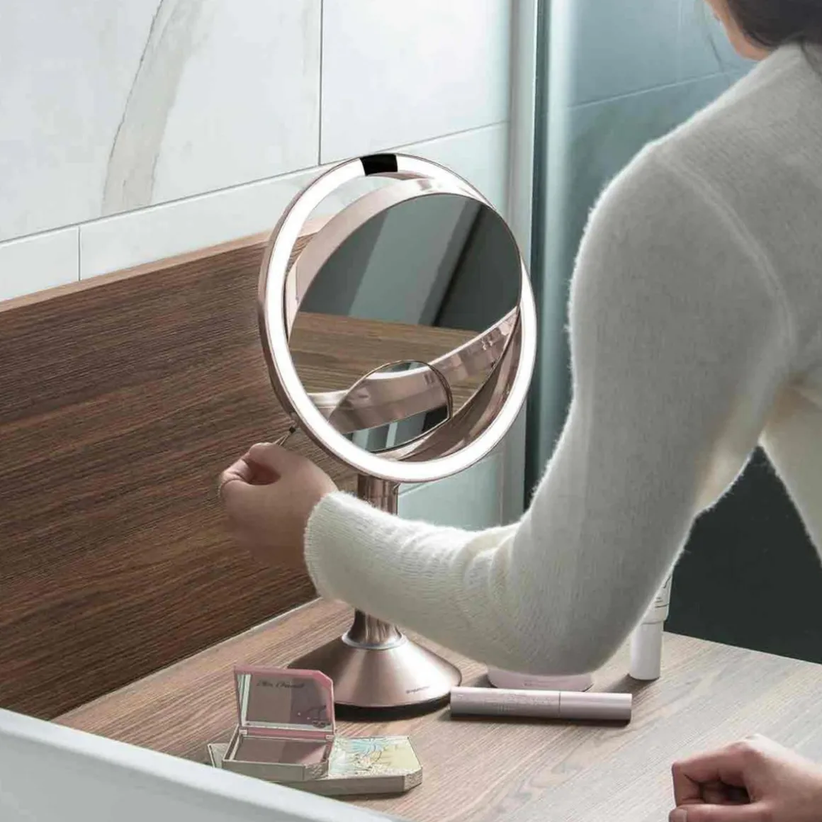 Simplehuman sminkespeil trio med lys, sensor og oppladbart - Rosegull