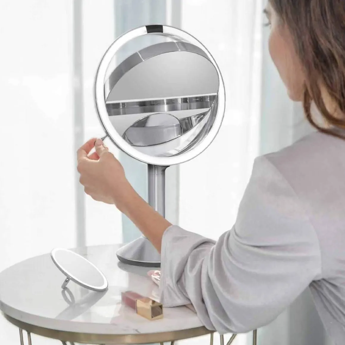 Sminkespeil trio med lys, sensor og oppladbart - Børstet stål