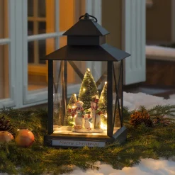 Stor lykt med juletre og snømenn - 42cm