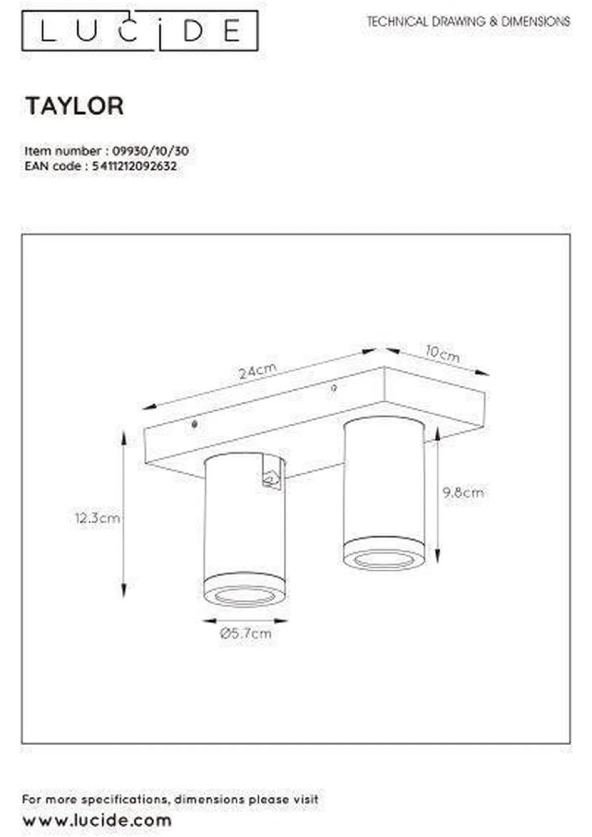 Taylor spot 2 lys IP44 baderom warm to dim 2x5W 2200-3000K
