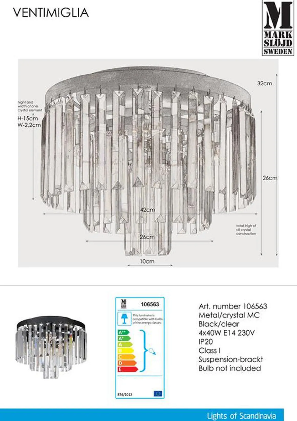 Ventimiglia taklampe 42 cm - Svart/Klar