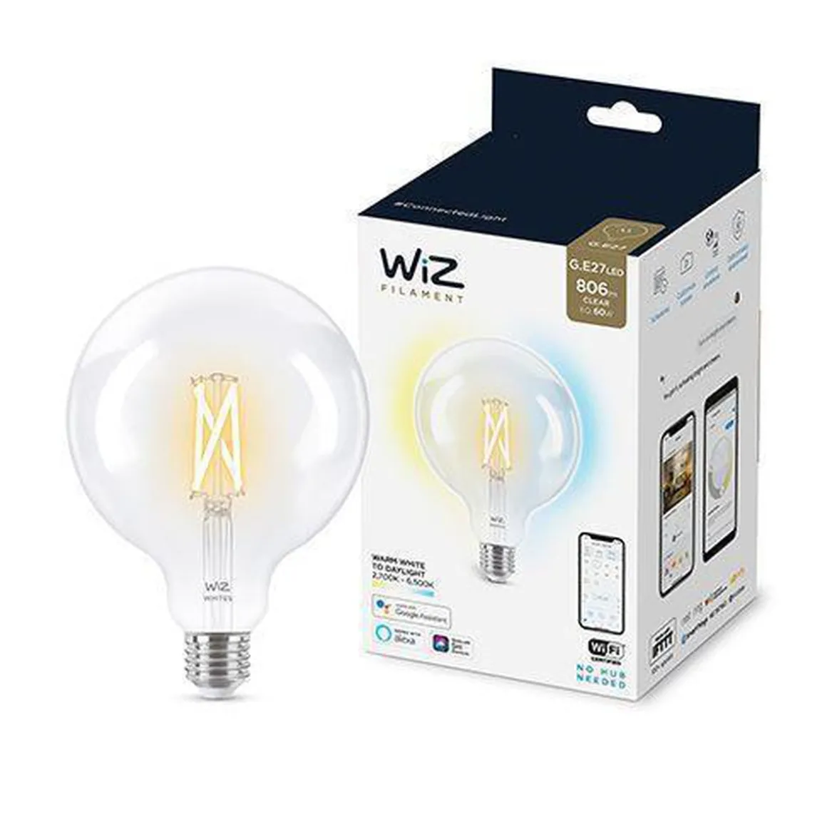 WiZ E27 Lyspære filament G125 6,7W Wifi - Justerbar fargetemperatur 2700-6500 Kelvin